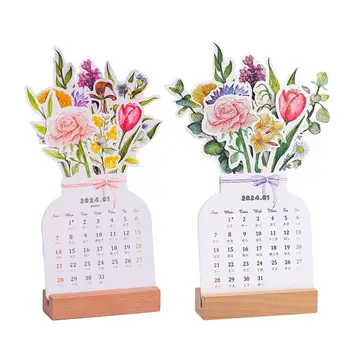 2024 Bloomy Flower Настолен Календар Творчески Дървена Card Календар От Висок Клас Настолен Календар Illustrator Decorate Supplies