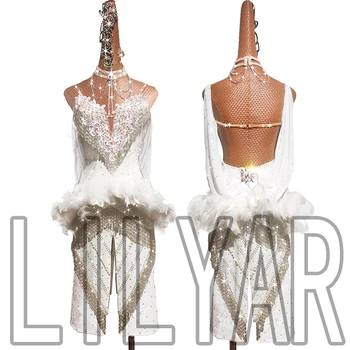 Ново реч LILYAR за латино танци, Местонахождение, реч, Однотонное висококачествено танцово без ръкави рокля с бели пера